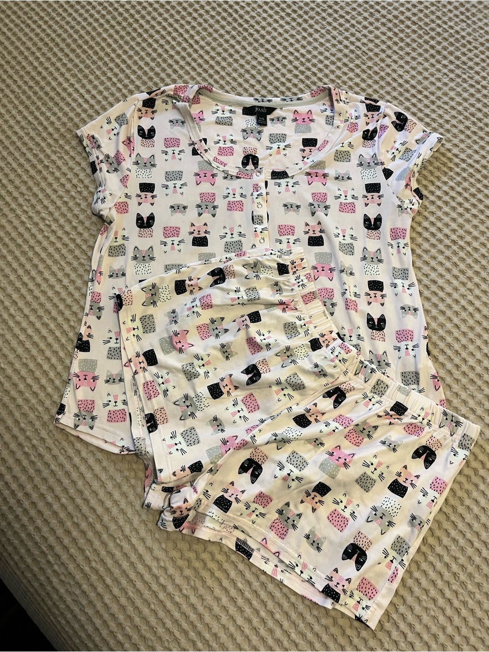 5 for $30 Short Sleeve Pink & White Cat Print Pajama Set